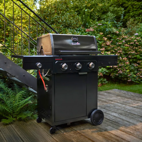Compact Char-Broil Essential Series two burner gas grill for apartment balconies
